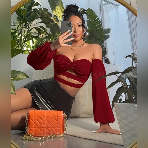 Sxy Burgundy Off The Shoulder Twist Front Cutout Crop Top - Picture 10 of 10